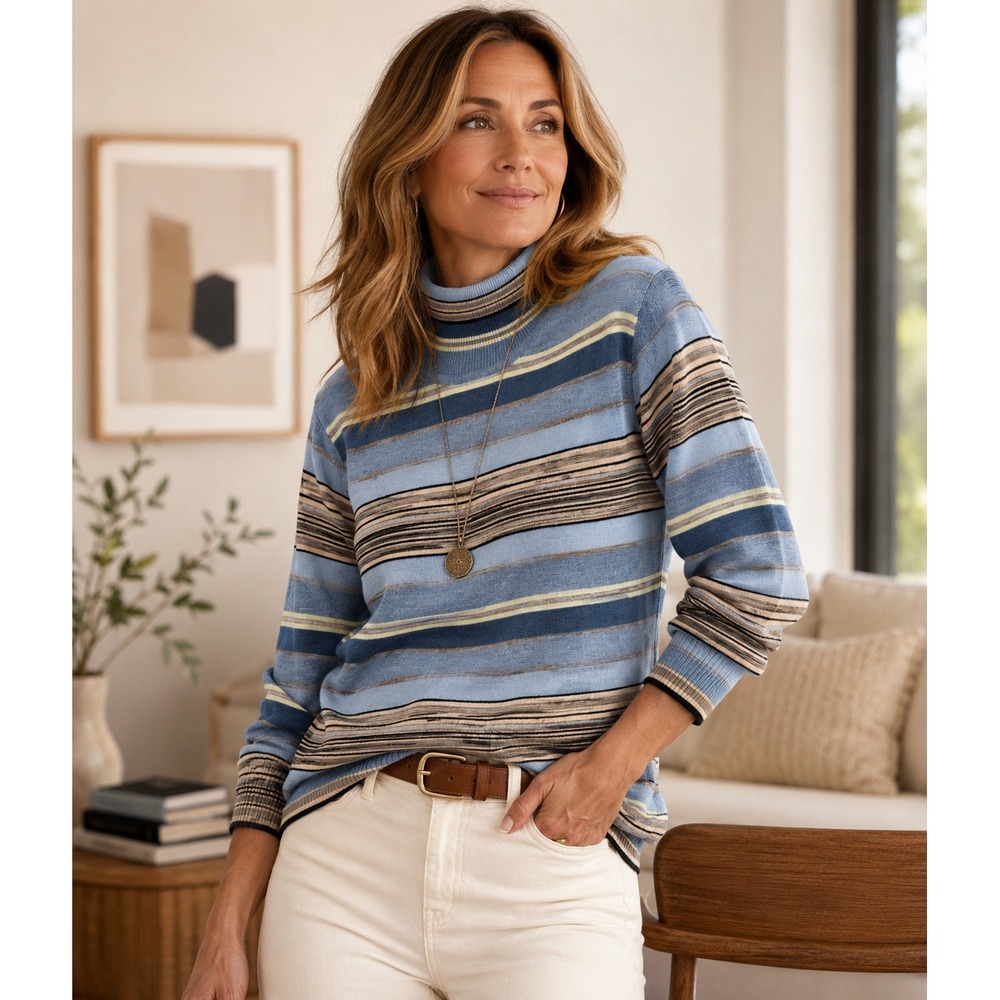 Gap Italian 100% Merino Wool Blue Striped Turtleneck Sweater L Large EUC